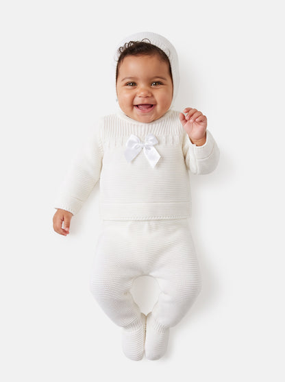 Baby Girl Spanish Style Satin Bow 3-Piece Knitted Gift Box Set - Ivory
