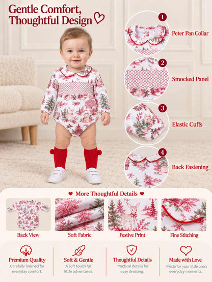 Baby Long Sleeve Smocked Romper - Christmas Print Collection - LIMITED EDITION