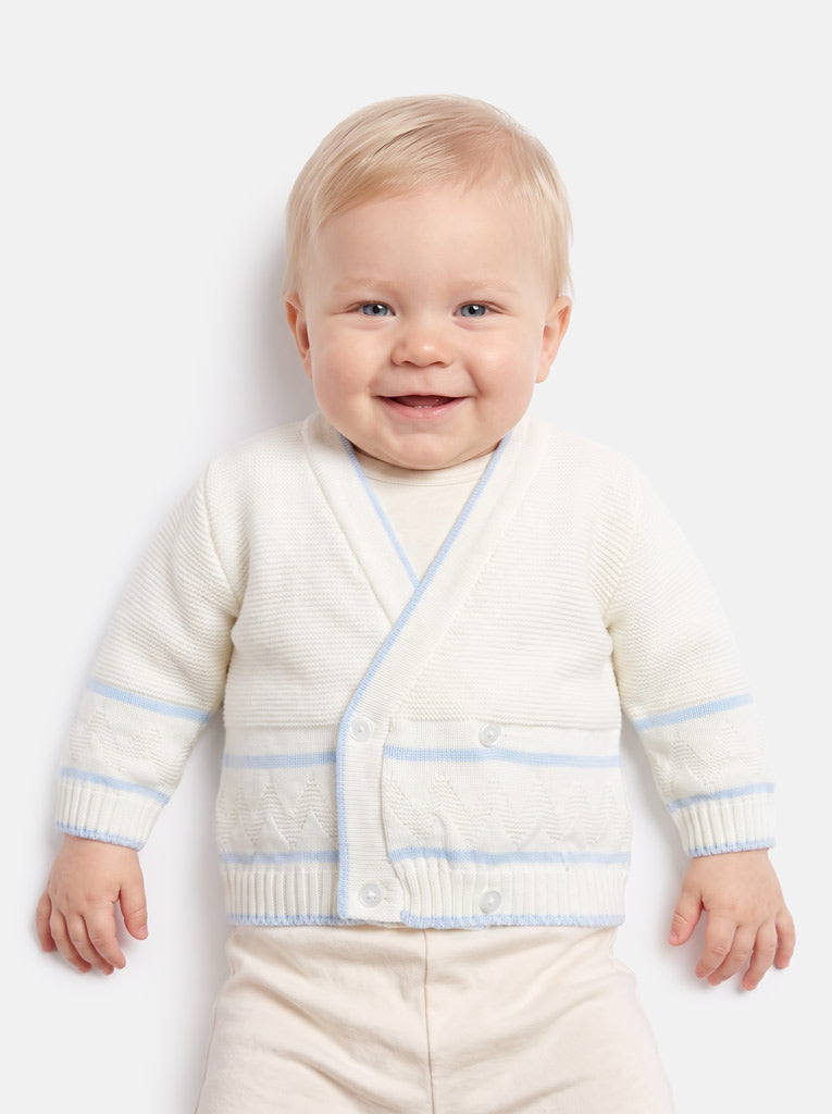 Baby Knitted Cardigan with Zigzag Pattern Detail & Gift Box - White & Baby Blue
