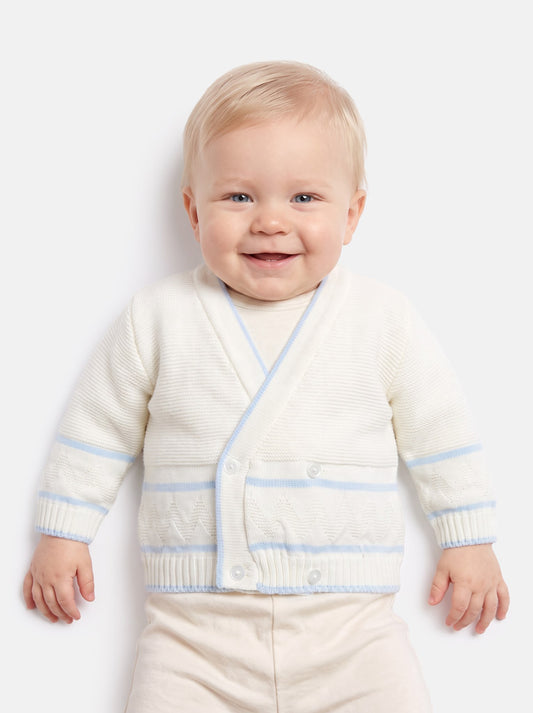 Baby Knitted Cardigan with Zigzag Pattern Detail & Gift Box - White & Baby Blue
