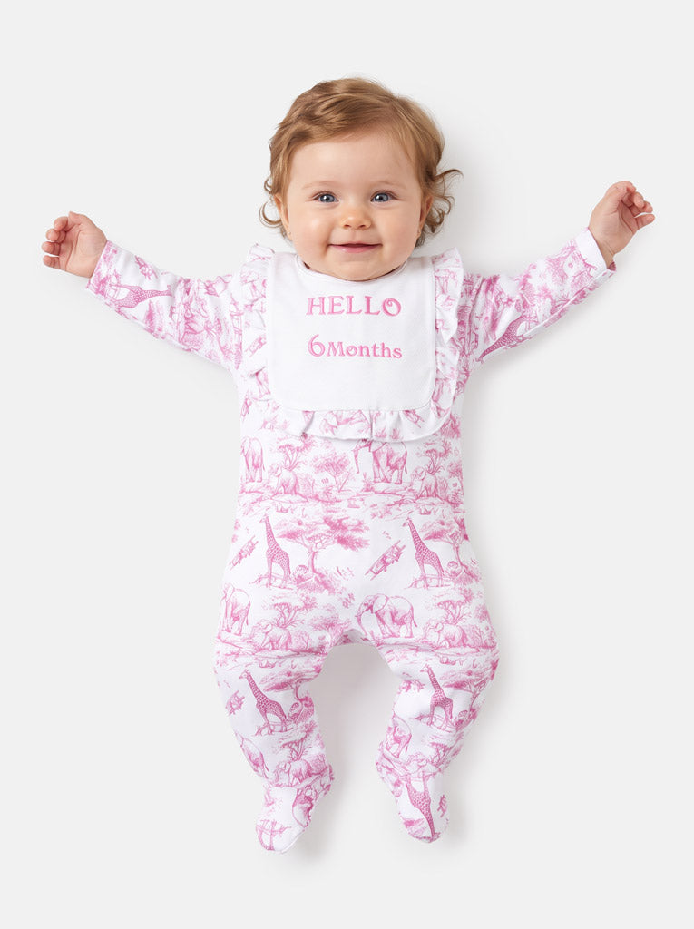"Hello 1,3,6,12 Months" Embroidered Baby Grow with Frilled Bib - Safari Collection - Baby Pink