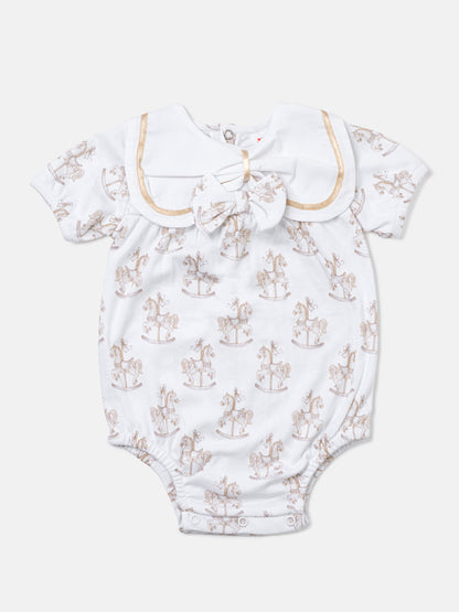 Baby Girl One-Piece Romper with Short Sleeves - Rocking Horse Collection - Beige