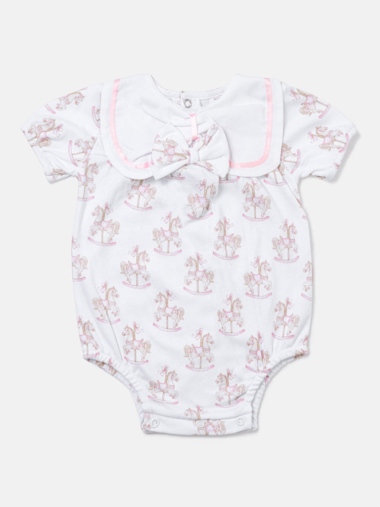Baby Girl One-Piece Romper with Short Sleeves - Rocking Horse Collection - Baby Pink