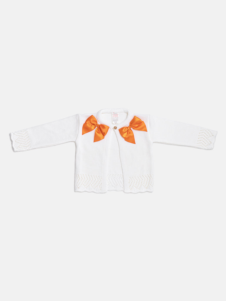 Baby Girl Cardigan with 2 Big Bows - White & Orange