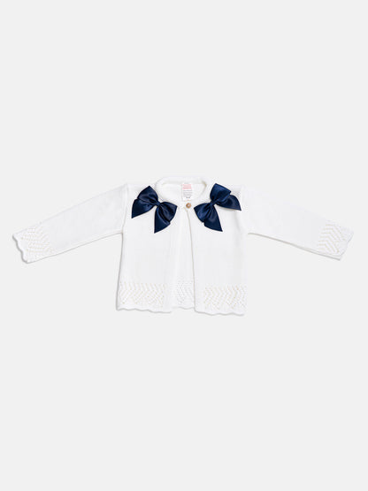Baby Girl Cardigan with 2 Big Bows - White & Navy