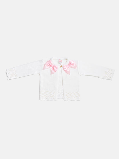 Baby Girl Cardigan with 2 Big Bows - White & Baby Pink