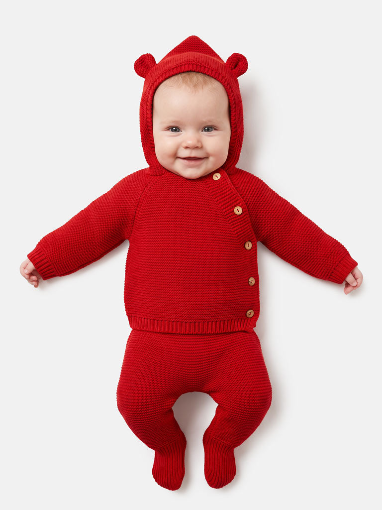 Baby 2-Piece Knitted Set with Hooded Top & Footed Trousers - Red