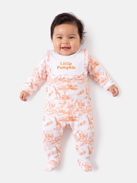 "Little Pumpkin" Embroidered Baby Grow with Frilled Bib - Safari Collection - Orange