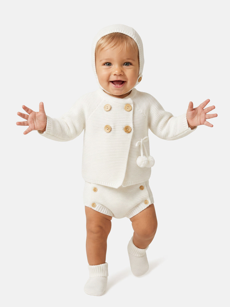 Baby Boy Knitted 4-Piece Set with Pom-Pom Cardigan - Ivory