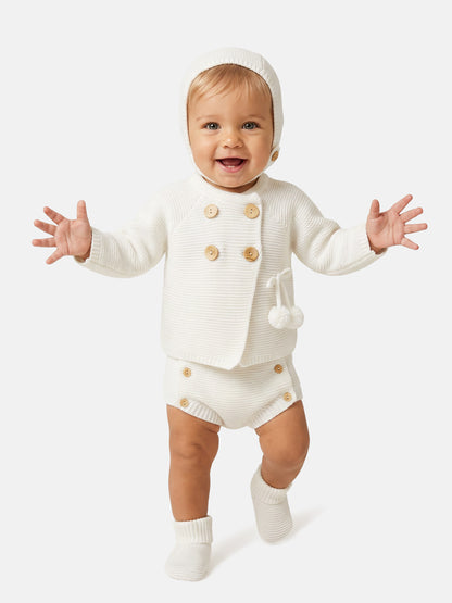 Baby Boy Knitted 4-Piece Set with Pom-Pom Cardigan - Ivory