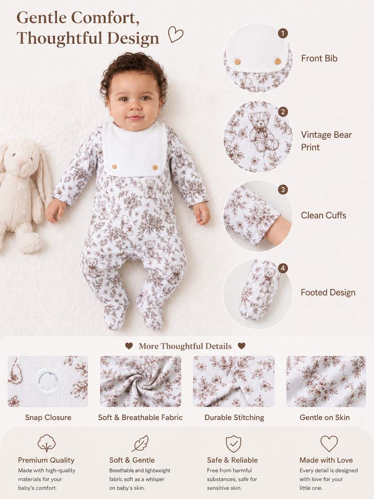 Baby Grow with Attached Bib - Teddy Collection - Beige
