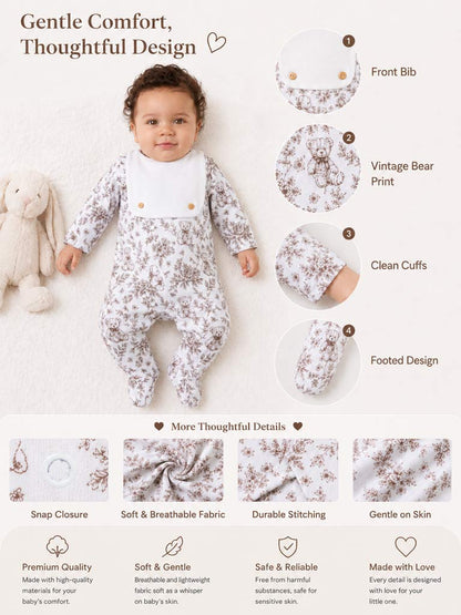 Baby Grow with Attached Bib - Teddy Collection - Beige
