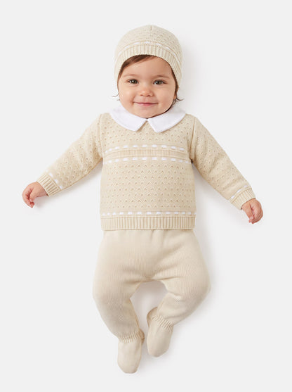 Baby Boy Dotted Textured Knitted 3-piece Gift Box Set - Beige