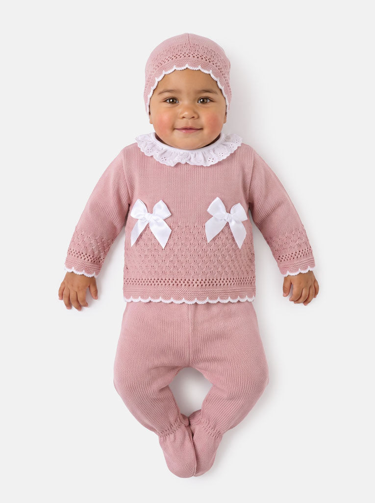 Baby Girl Satin Bows & Scalloped Trim 3-Piece Knitted Gift Box Set - Dusty Pink