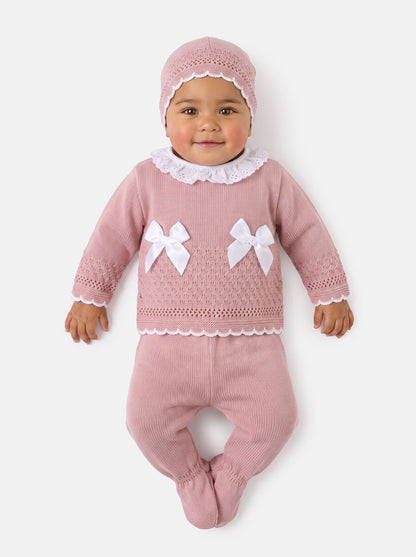 Baby Girl Satin Bows & Scalloped Trim 3-Piece Knitted Gift Box Set - Dusty Pink