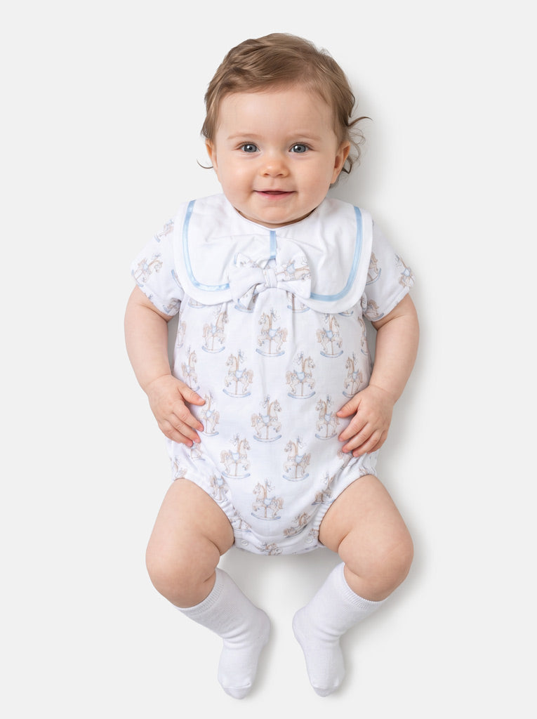 Baby Girl One-Piece Romper with Short Sleeves - Rocking Horse Collection - Baby Blue