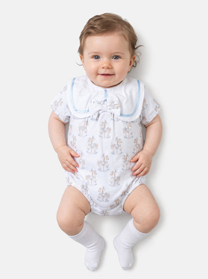 Baby Girl One-Piece Romper with Short Sleeves - Rocking Horse Collection - Baby Blue