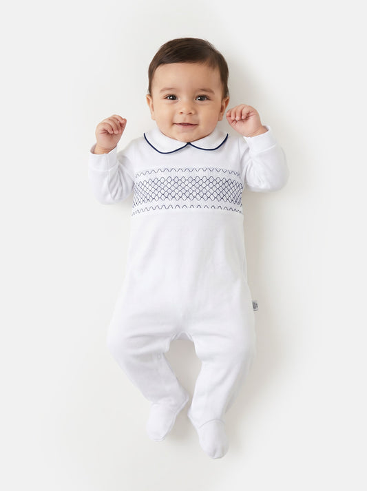 Cotton Baby Grow with Smocked Detail - White & Navy Blue
