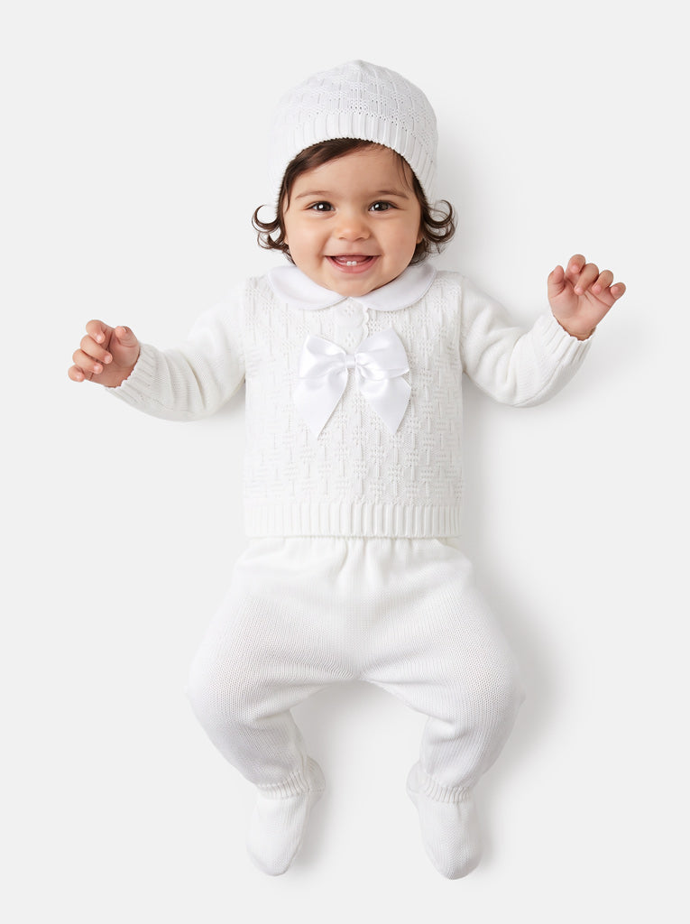 Baby Girl Lace Trim Front Bow Knitted 3-piece Gift Box Set - White