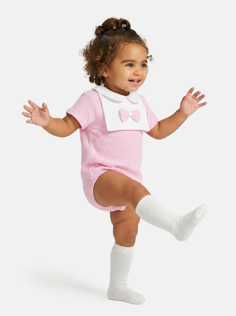 Baby Girl One-Piece Summer Pyjama with Bow - Baby Pink