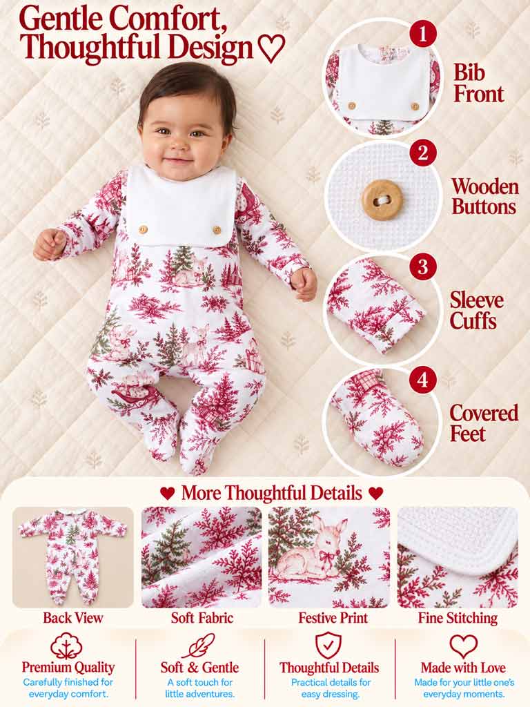 Cotton Baby Grow with Attached Small Bib & Buttons - Christmas Print Collection - LIMITED EDITION