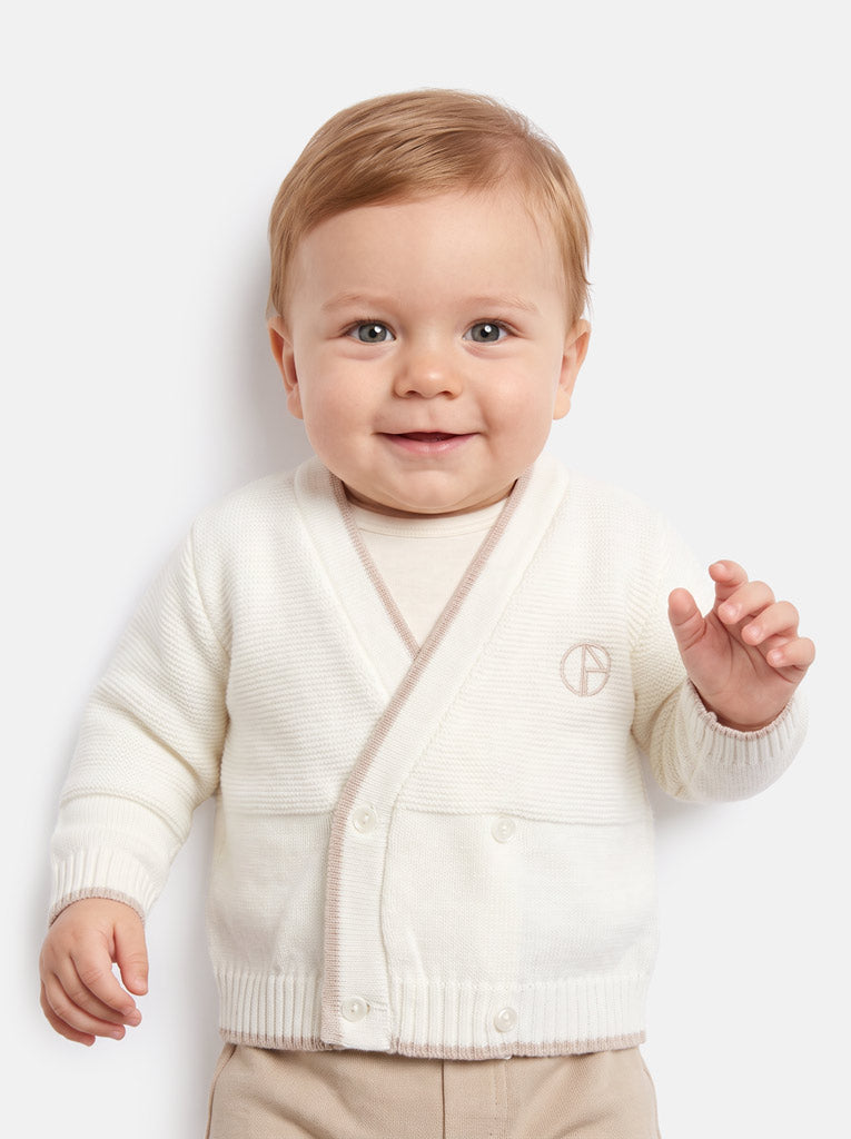 Baby Knitted Cardigan with Embroidered Detail & Gift Box - Ivory & Light Brown
