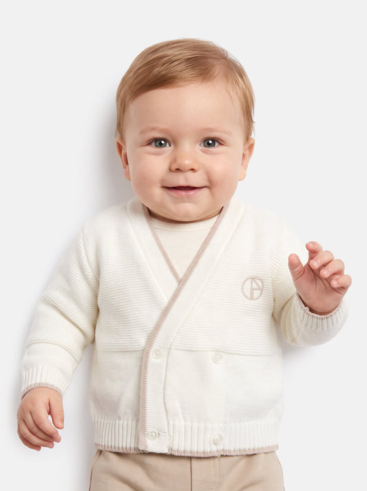 Baby Knitted Cardigan with Embroidered Detail & Gift Box - Ivory & Light Brown