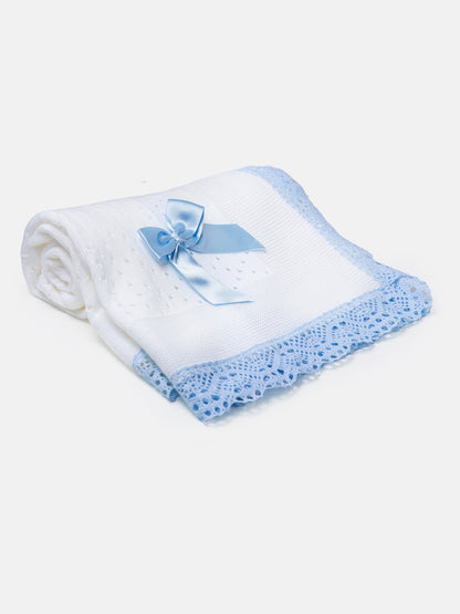 Baby Open Dot Knitted Spanish Blanket with Bow - White & Baby Blue