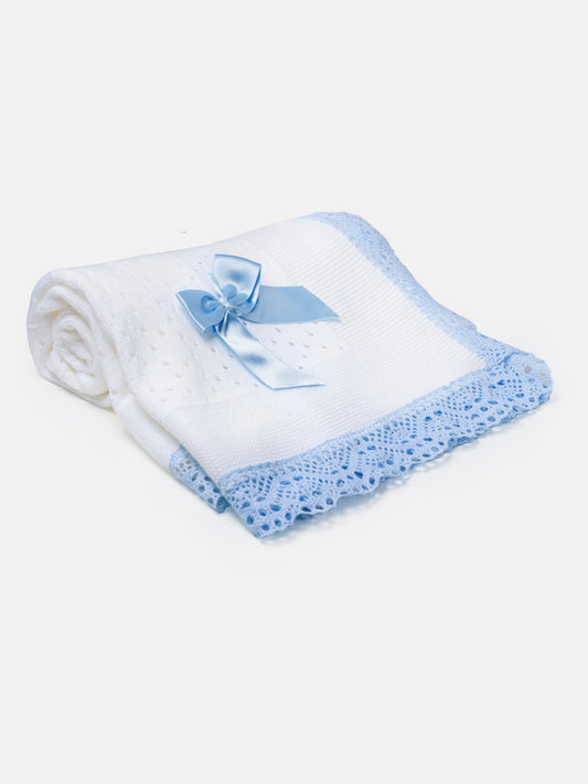 Baby Open Dot Knitted Spanish Blanket with Bow - White & Baby Blue