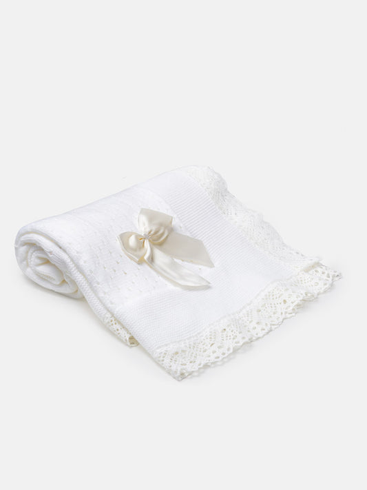 Baby Open Dot Knitted Spanish Blanket with Bow - White & Ivory