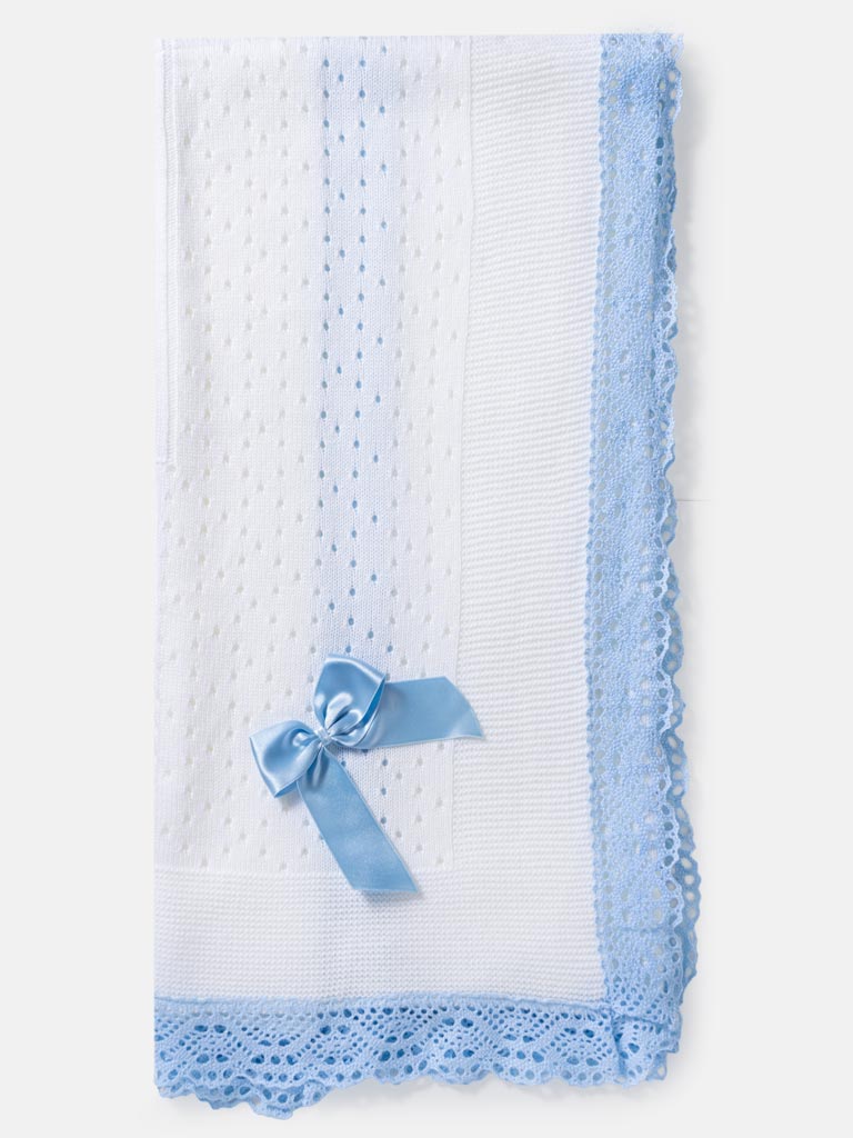Baby Open Dot Knitted Spanish Blanket with Bow - White & Baby Blue