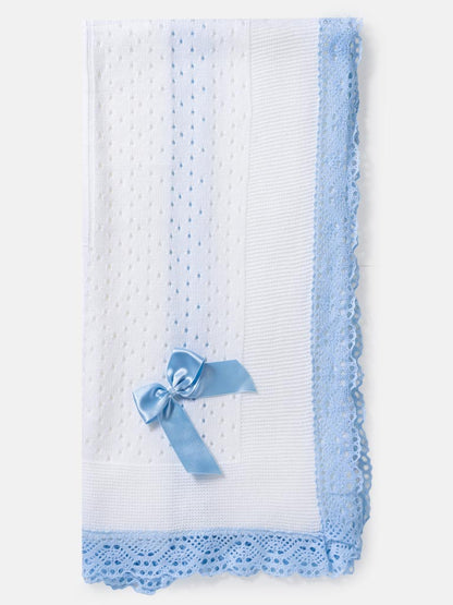 Baby Open Dot Knitted Spanish Blanket with Bow - White & Baby Blue