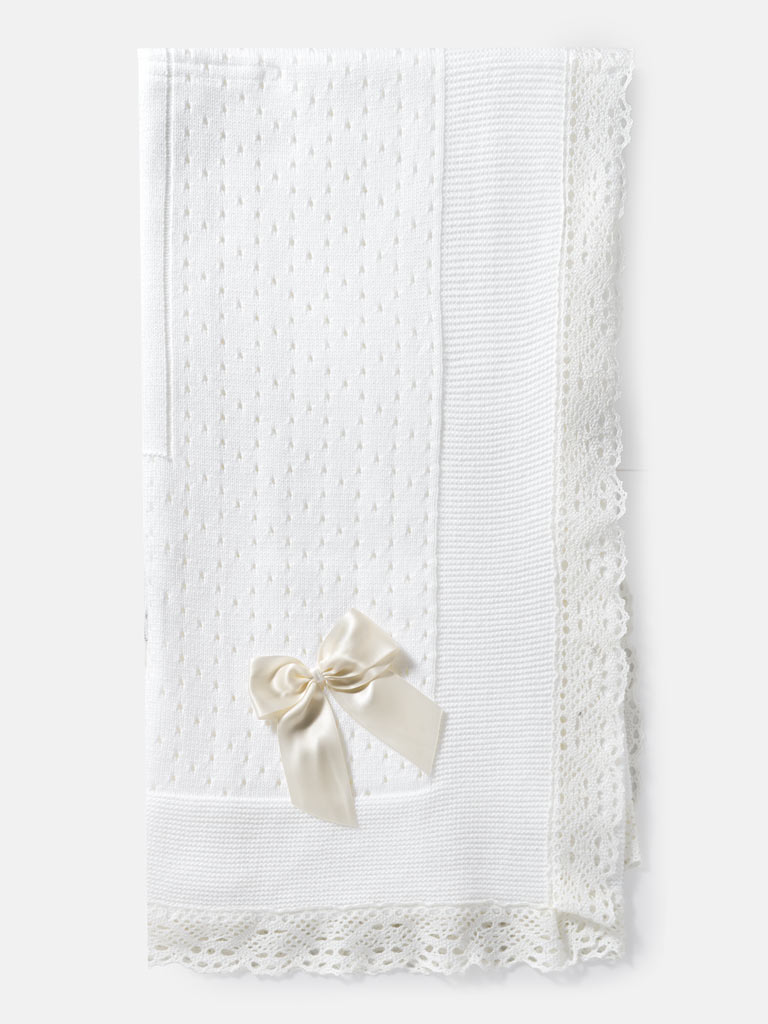 Baby Open Dot Knitted Spanish Blanket with Bow - White & Ivory