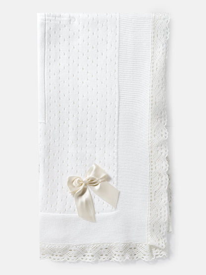 Baby Open Dot Knitted Spanish Blanket with Bow - White & Ivory