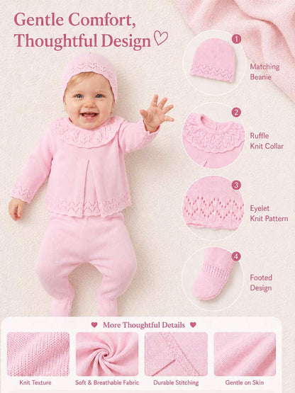 Baby Girl Fine Knit Pleated Front 3-Piece Gift Box Set - Baby Pink
