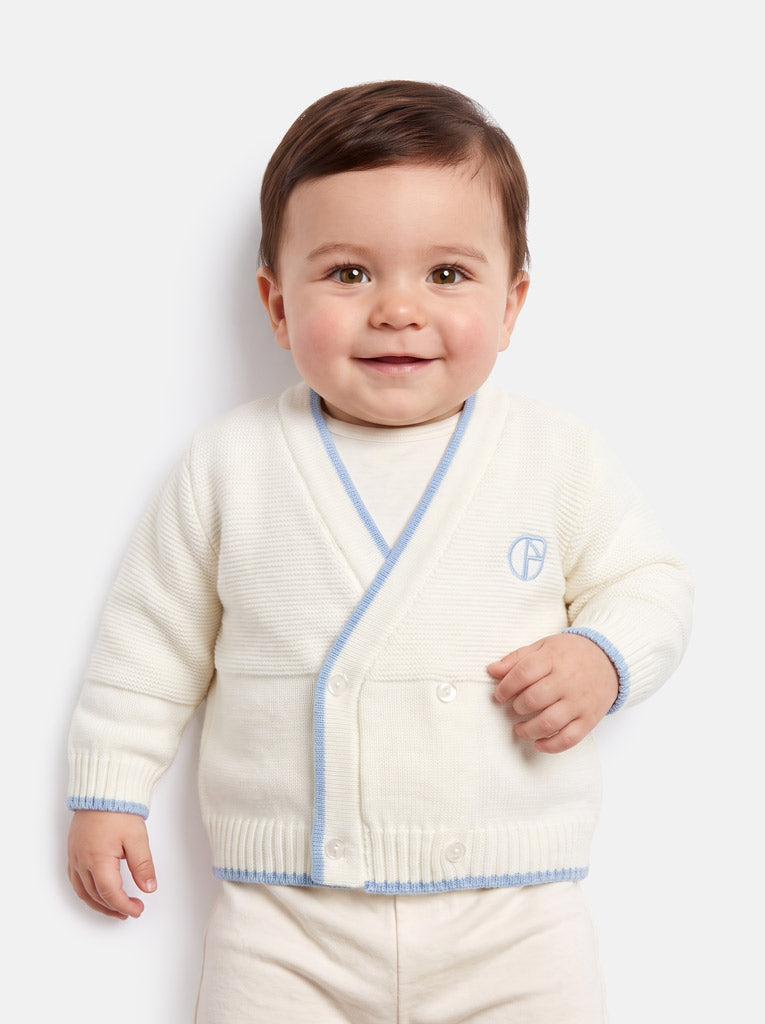 Baby Knitted Cardigan with Embroidered Detail & Gift Box - Ivory & Dark Blue