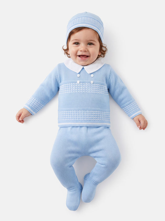 Baby Boy Classic Double-Button Knitted 3-piece Gift Box Set - Baby Blue