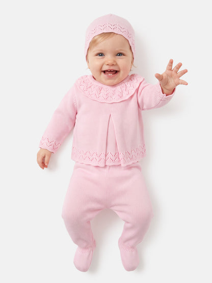 Baby Girl Fine Knit Pleated Front 3-Piece Gift Box Set - Baby Pink