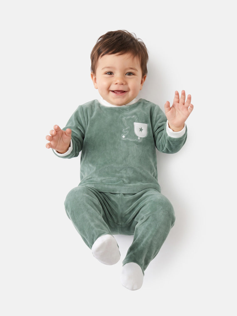 Baby Boy Elio Collection 2-Piece Velour Pyjama Set with Teddy Embroidery - Mint Green