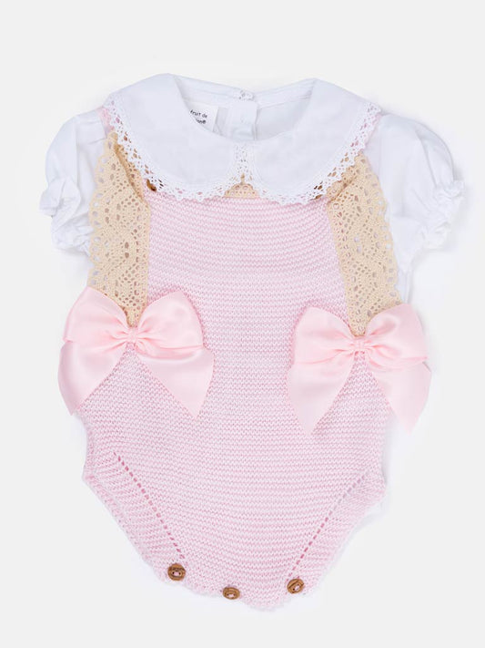 Baby Girl Sandra 2-piece Knitted Spanish Romper Set - Baby Pink