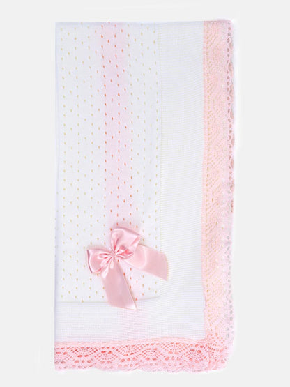 Baby Open Dot Knitted Spanish Blanket with Bow - White & Baby Pink