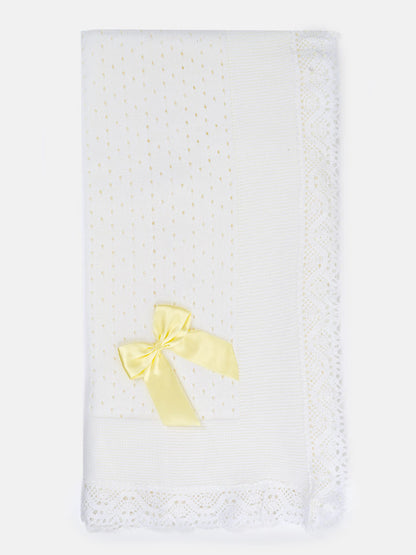 Baby Open Dot Knitted Spanish Blanket with Bow - White & Yellow
