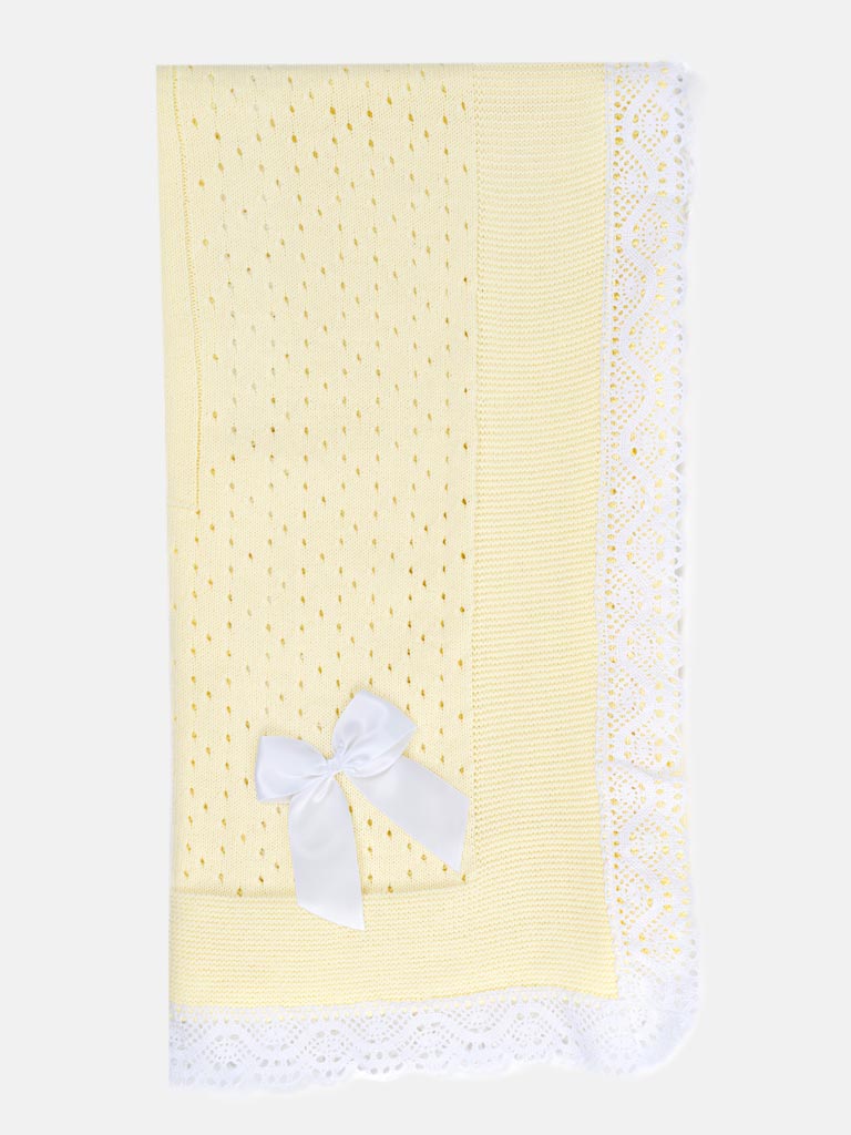 Baby Open Dot Knitted Spanish Blanket with Bow - Lemon Yellow