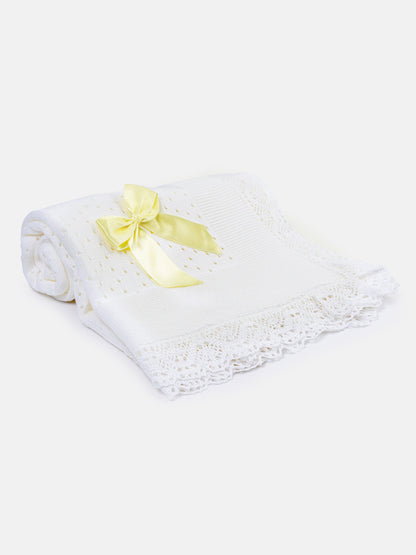 Baby Open Dot Knitted Spanish Blanket with Bow - White & Yellow