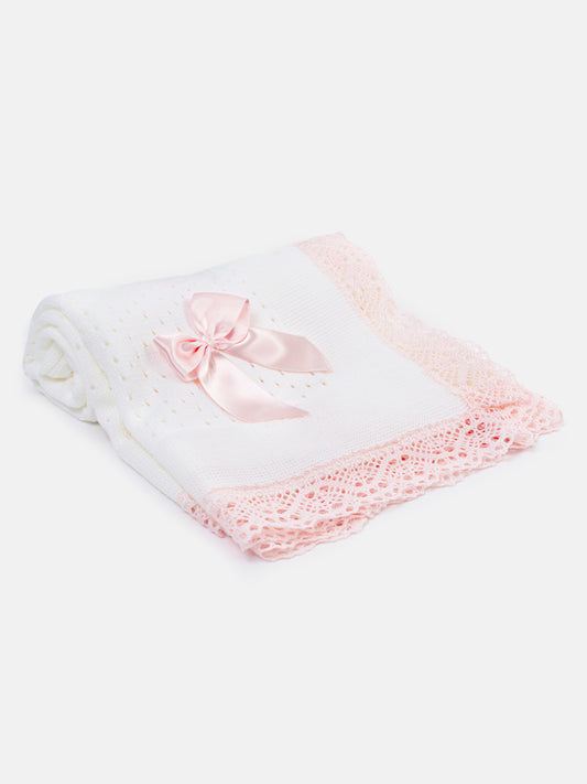 Baby Open Dot Knitted Spanish Blanket with Bow - White & Baby Pink