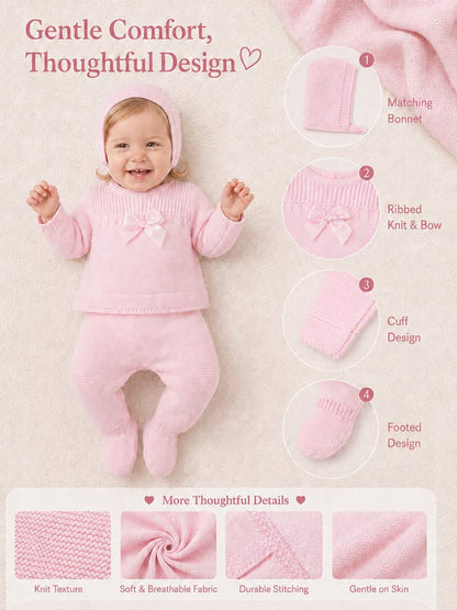 Baby Girl Spanish Style Satin Bow 3-Piece Knitted Gift Box Set - Baby Pink