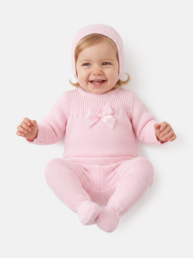 Baby Girl Spanish Style Satin Bow 3-Piece Knitted Gift Box Set - Baby Pink