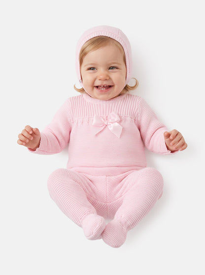 Baby Girl Spanish Style Satin Bow 3-Piece Knitted Gift Box Set - Baby Pink