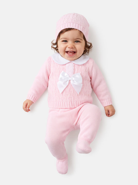 Baby Girl Lace Trim Front Bow Knitted 3-piece Gift Box Set - Baby Pink