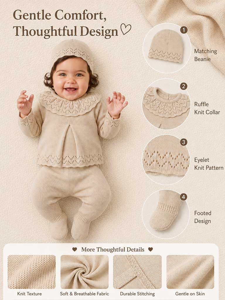 Baby Girl Fine Knit Pleated Front 3-Piece Gift Box Set - Beige